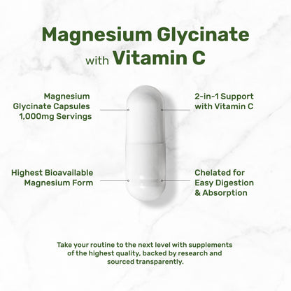 Magnesium Glycinate 1000mg per Serving + Vitamin C – 240 Capsules (Chelated, Easy Absorption)