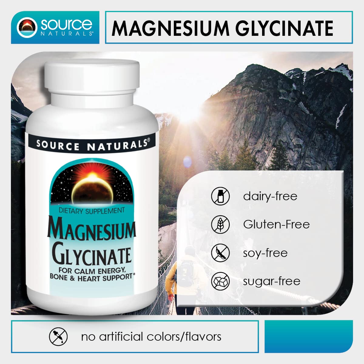 Source Naturals Magnesium Glycinate | Chelated for High Absorption | Calming Energy, Bone & Heart Support* | 200 mg per Serving - 180 Tablets