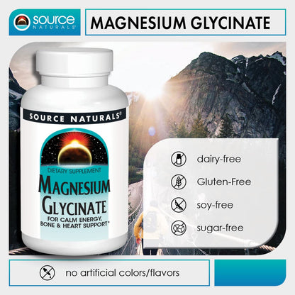 Source Naturals Magnesium Glycinate | Chelated for High Absorption | Calming Energy, Bone & Heart Support* | 200 mg per Serving - 180 Tablets