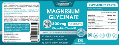 Magnesium Glycinate 500mg – High Absorption with B6 & D3 (120 Capsules)
