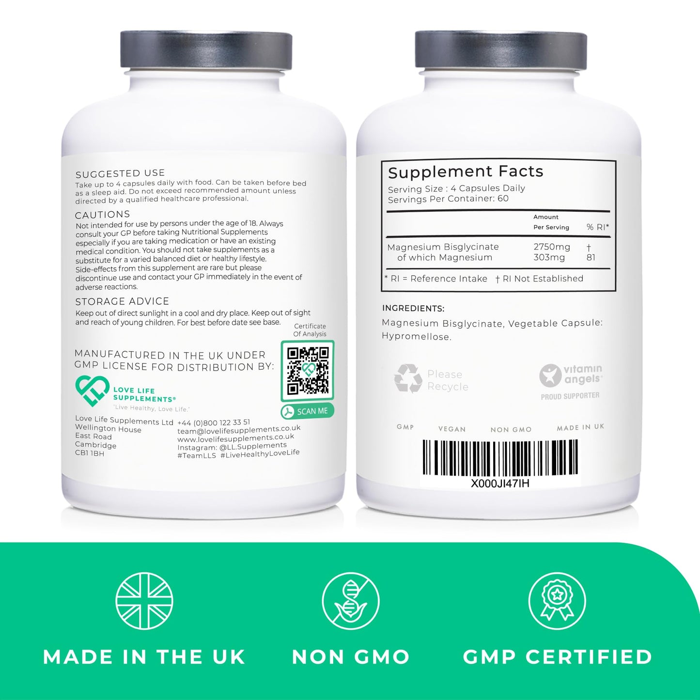 Magnesium Glycinate (Bisglycinate) | Chelated Magnesium Supplement | 303mg Mg per Capsule | 240 Capsules | UK Made