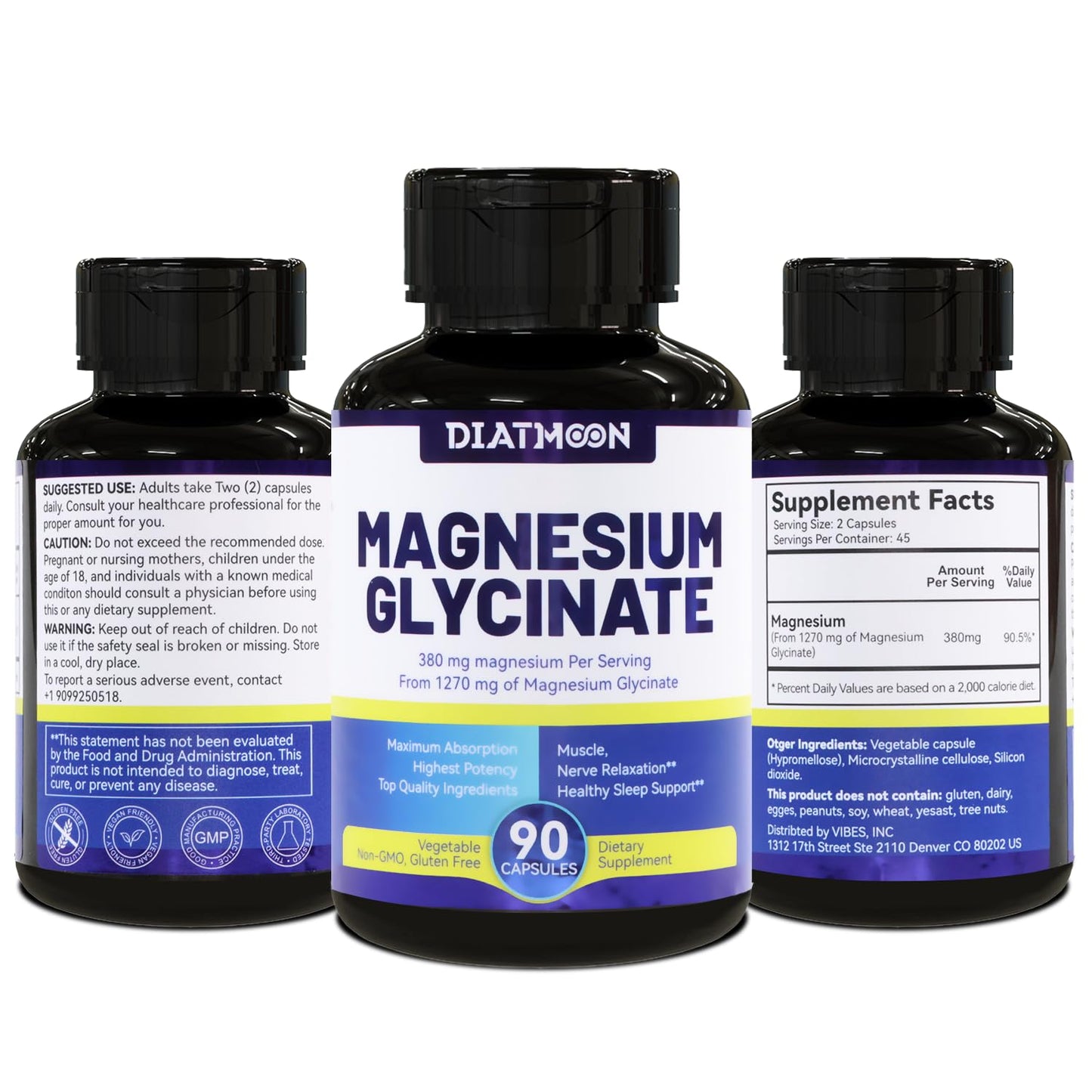 Magnesium Glycinate Capsules 380mg – High-Absorption Magnesium, 45 Servings