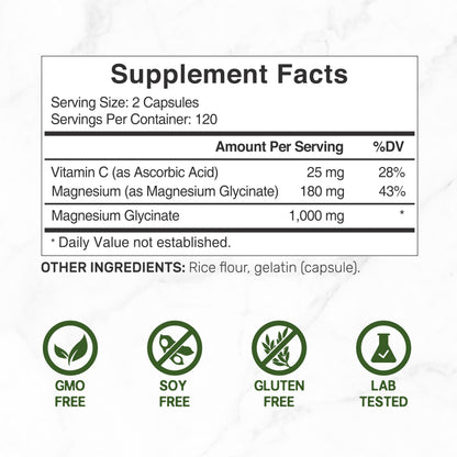 Magnesium Glycinate 1000mg per Serving + Vitamin C – 240 Capsules (Chelated, Easy Absorption)