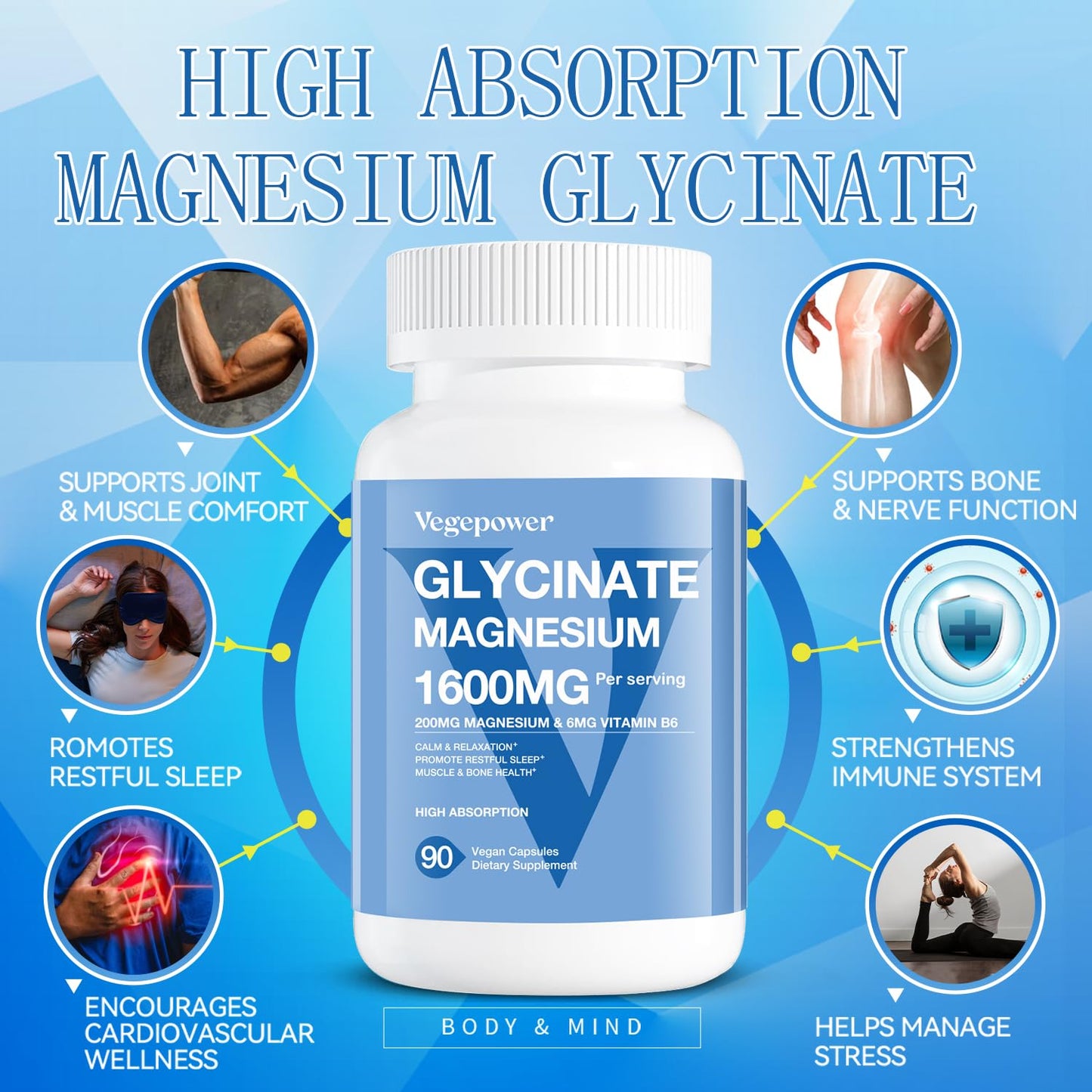 Magnesium Glycinate Capsules 200mg | Chelated Mg Bisglycinate + Vitamin D3, B6 & Zinc | Vegan 180 VegCaps