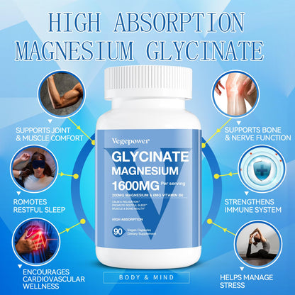 Magnesium Glycinate Capsules 200mg | Chelated Mg Bisglycinate + Vitamin D3, B6 & Zinc | Vegan 180 VegCaps