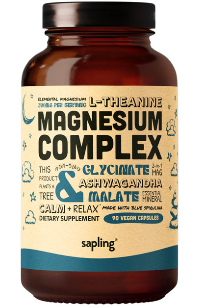 Magnesium Glycinate Complex – Chelated Mg with Malate, Ashwagandha, L-Theanine & Blue Spirulina | 300mg, 90 Veggie Caps