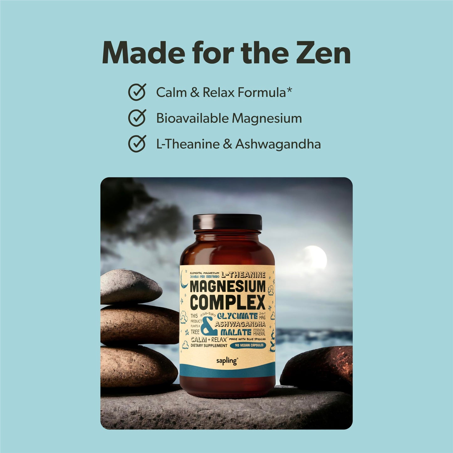 Magnesium Glycinate Complex – Chelated Mg with Malate, Ashwagandha, L-Theanine & Blue Spirulina | 300mg, 90 Veggie Caps