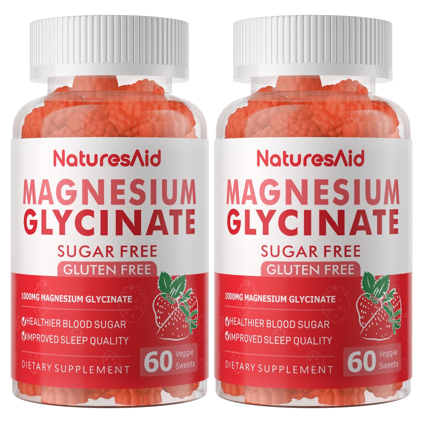 Magnesium Glycinate Gummies 1000mg - Sugar Free Calm Mood & Sleep Support (120 Strawberry Gummies) - 2 Pack