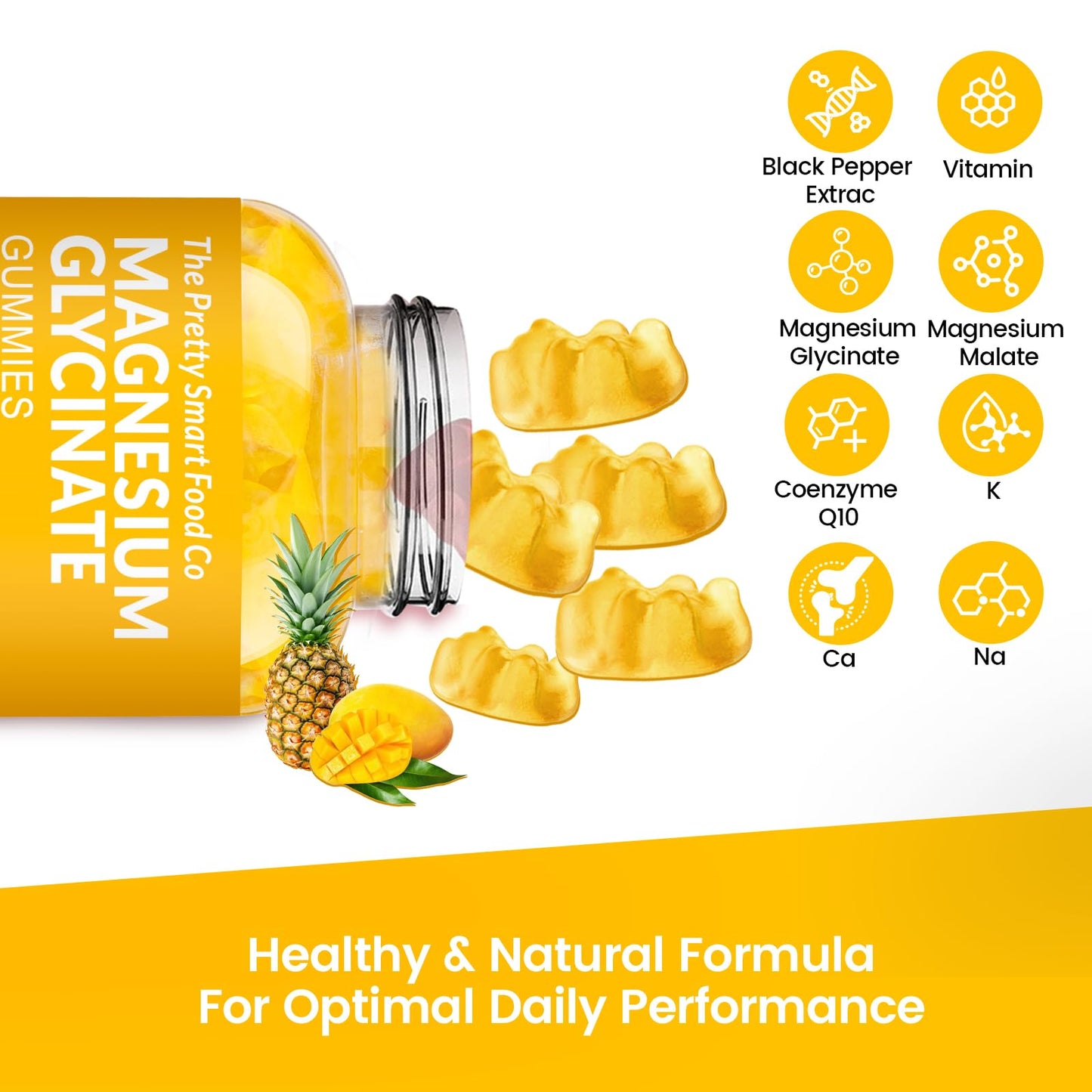 Magnesium Glycinate Gummies 1000mg - 90 Ct | Calm Mood, Sleep Support | Mango Pineapple