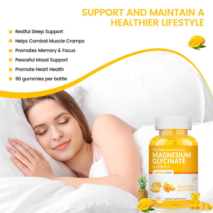 Magnesium Glycinate Gummies 1000mg - 90 Ct | Calm Mood, Sleep Support | Mango Pineapple