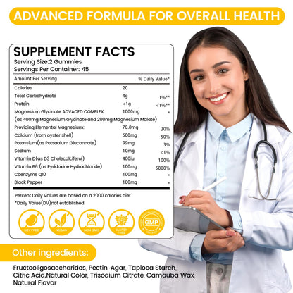 Magnesium Glycinate Gummies 1000mg - 90 Ct | Calm Mood, Sleep Support | Mango Pineapple