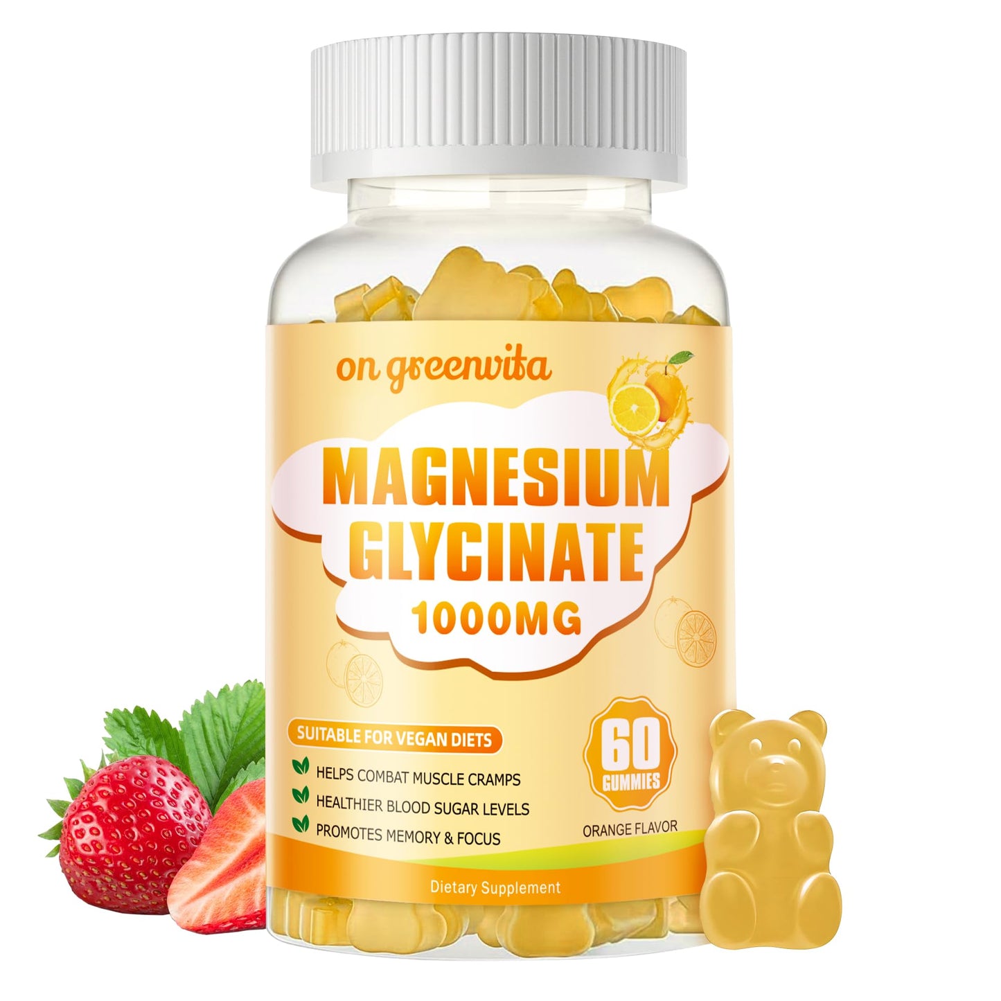 Magnesium Glycinate Gummies 1000mg – Sugar Free, Vitamin D, B6, CoQ10 | 60 Orange Gummies