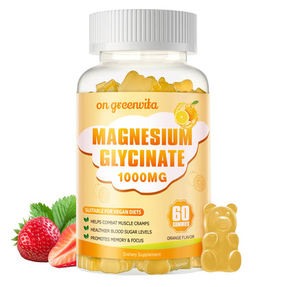 Magnesium Glycinate Gummies 1000mg – Sugar Free, Vitamin D, B6, CoQ10 | 60 Orange Gummies
