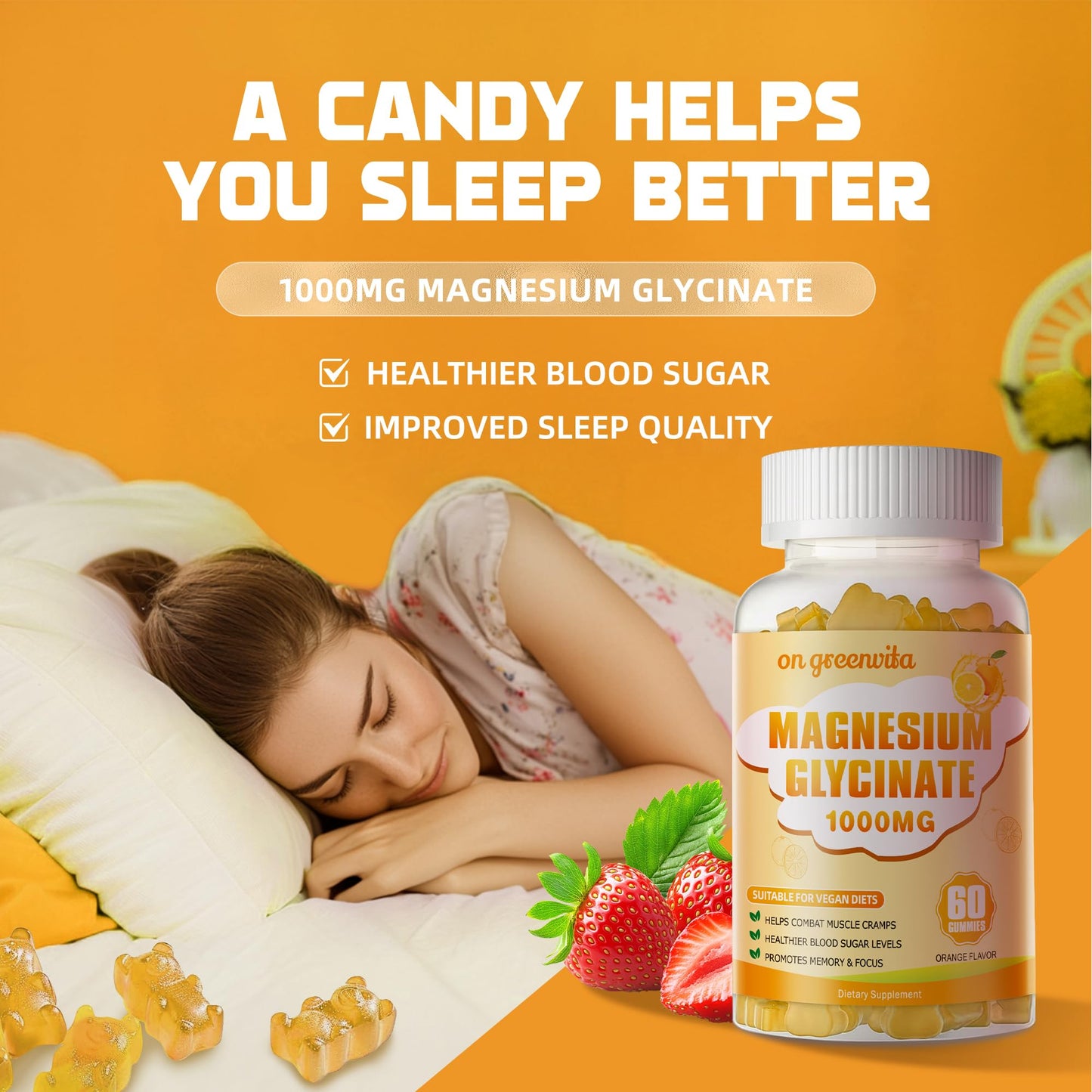 Magnesium Glycinate Gummies 1000mg – Sugar Free, Vitamin D, B6, CoQ10 | 60 Orange Gummies