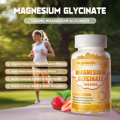 Magnesium Glycinate Gummies 1000mg – Sugar Free, Vitamin D, B6, CoQ10 | 60 Orange Gummies