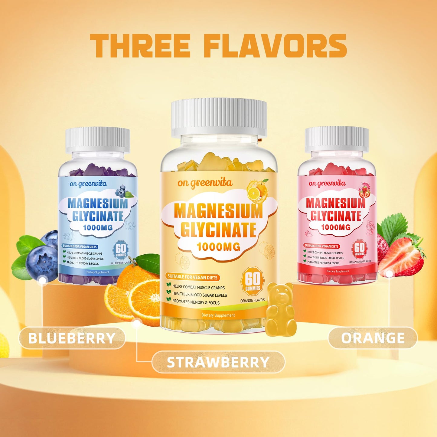 Magnesium Glycinate Gummies 1000mg – Sugar Free, Vitamin D, B6, CoQ10 | 60 Orange Gummies