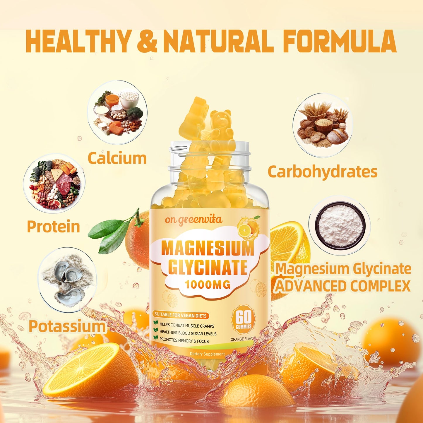 Magnesium Glycinate Gummies 1000mg – Sugar Free, Vitamin D, B6, CoQ10 | 60 Orange Gummies