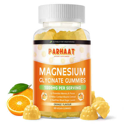 Magnesium Glycinate Gummies 1000mg | Sugar Free Magnesium Potassium with Vitamin D, B6, CoQ10 - 60 Orange Gummies