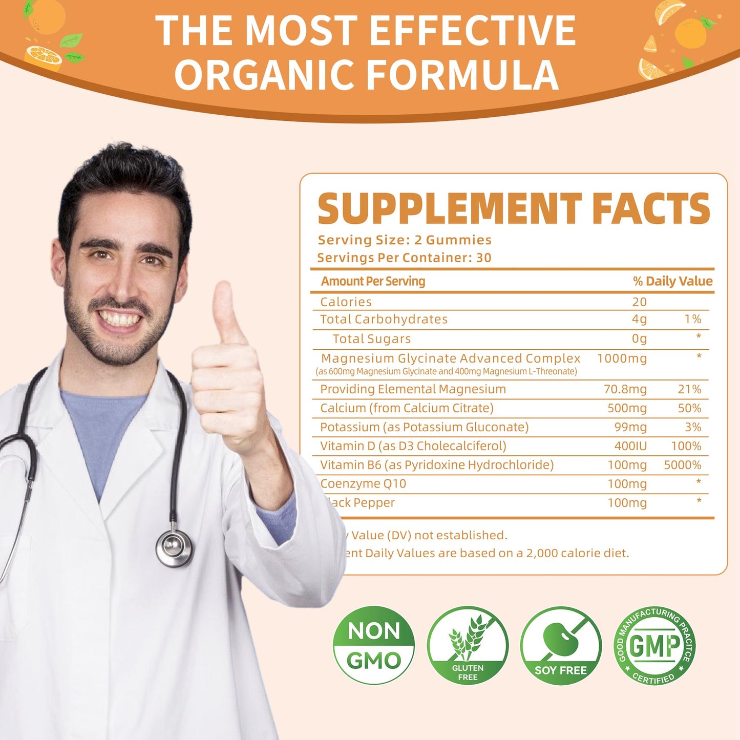 Magnesium Glycinate Gummies 1000mg - Sugar Free with Vitamin D, B6 & CoQ10 (60 Orange Gummies)