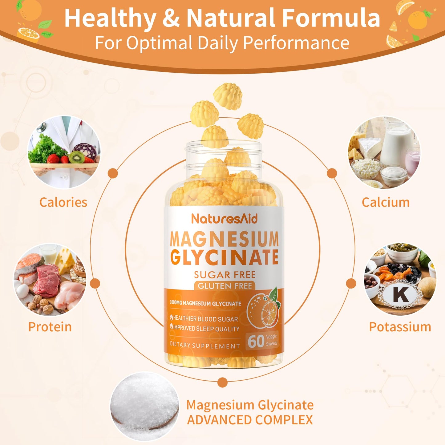 Magnesium Glycinate Gummies 1000mg - Sugar Free with Vitamin D, B6 & CoQ10 (60 Orange Gummies)