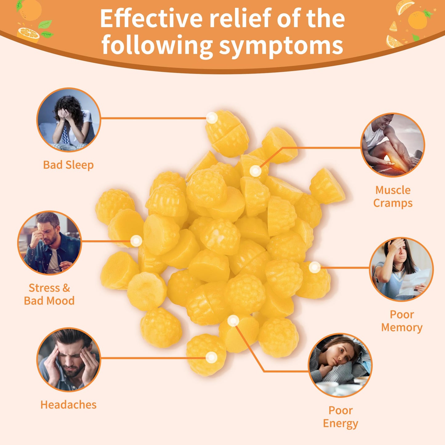 Magnesium Glycinate Gummies 1000mg - Sugar Free with Vitamin D, B6 & CoQ10 (60 Orange Gummies)