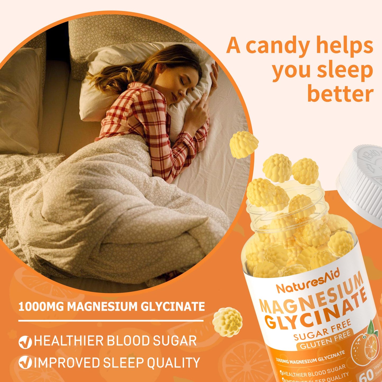Magnesium Glycinate Gummies 1000mg - Sugar Free with Vitamin D, B6 & CoQ10 (60 Orange Gummies)