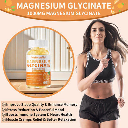 Magnesium Glycinate Gummies 1000mg - Sugar Free with Vitamin D, B6 & CoQ10 (60 Orange Gummies)