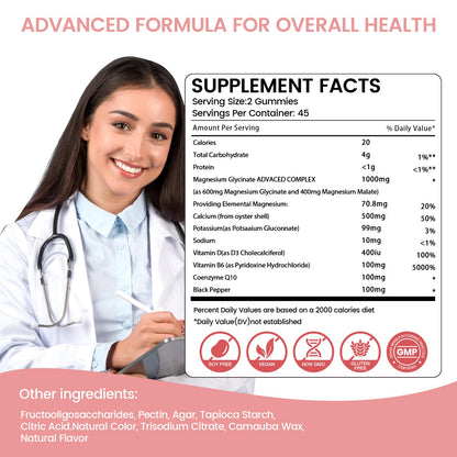 Magnesium Glycinate Gummies 1000mg – Sugar Free Potassium Magnesium Chewables for Sleep & Relaxation | 90 Peach Gummies