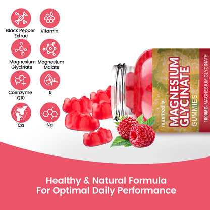 Magnesium Glycinate Gummies 1000mg – Sugar Free Potassium Magnesium for Sleep, Relaxation & Body Support (90 Raspberry Gummies)