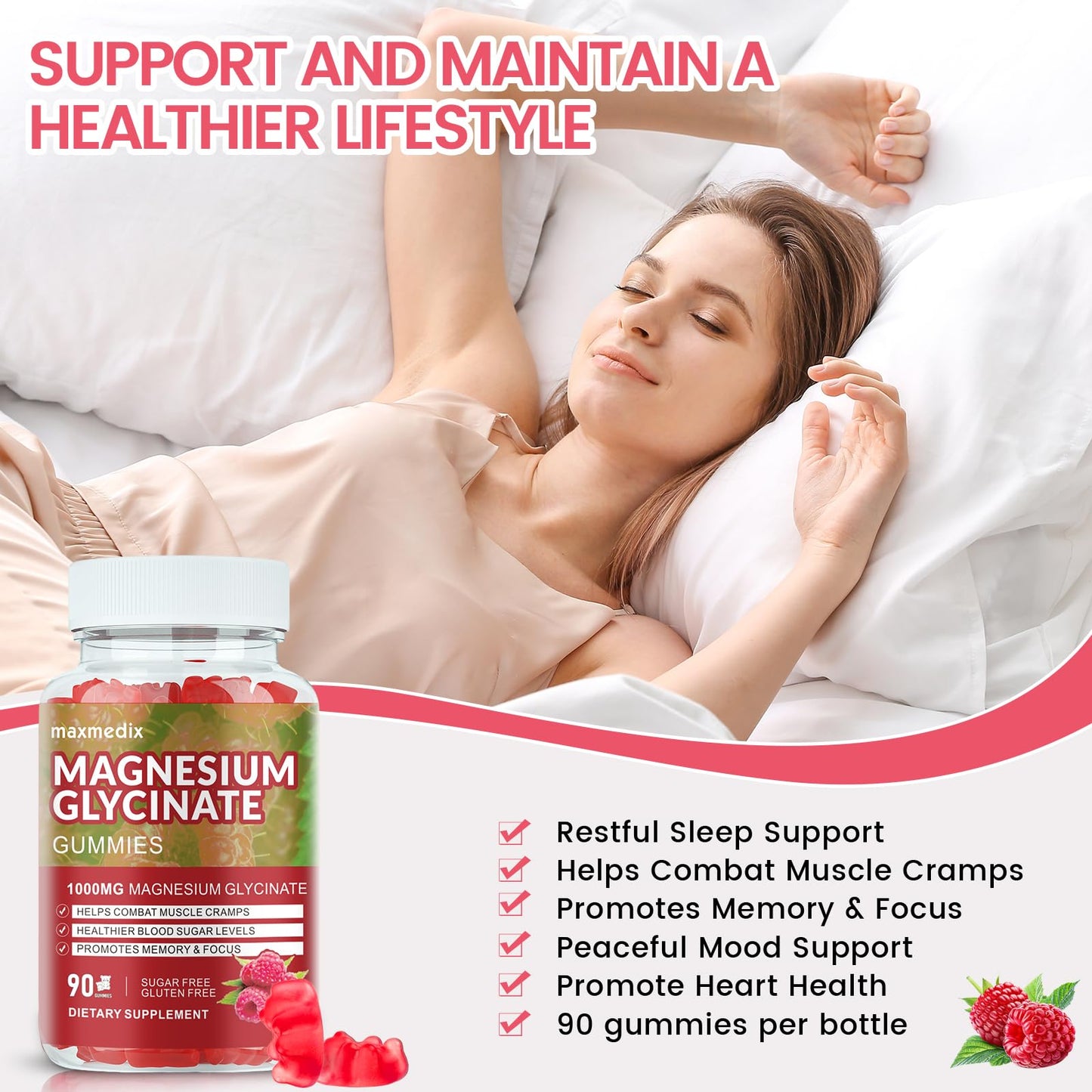 Magnesium Glycinate Gummies 1000mg – Sugar Free Potassium Magnesium for Sleep, Relaxation & Body Support (90 Raspberry Gummies)