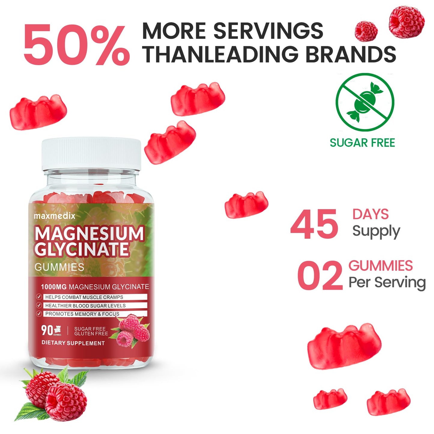 Magnesium Glycinate Gummies 1000mg – Sugar Free Potassium Magnesium for Sleep, Relaxation & Body Support (90 Raspberry Gummies)