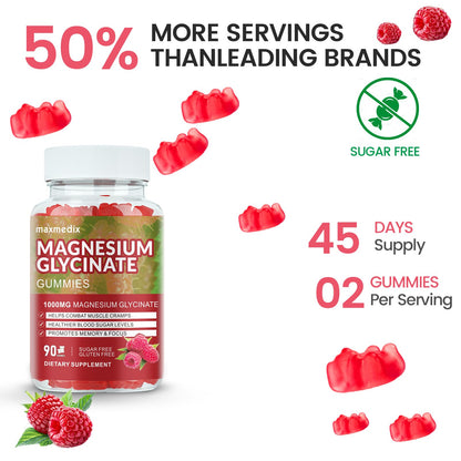 Magnesium Glycinate Gummies 1000mg – Sugar Free Potassium Magnesium for Sleep, Relaxation & Body Support (90 Raspberry Gummies)