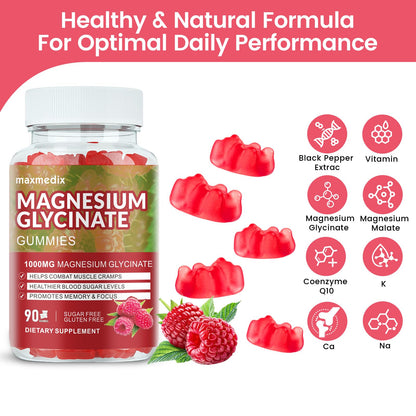 Magnesium Glycinate Gummies 1000mg – Sugar Free Potassium Magnesium for Sleep, Relaxation & Body Support (90 Raspberry Gummies)