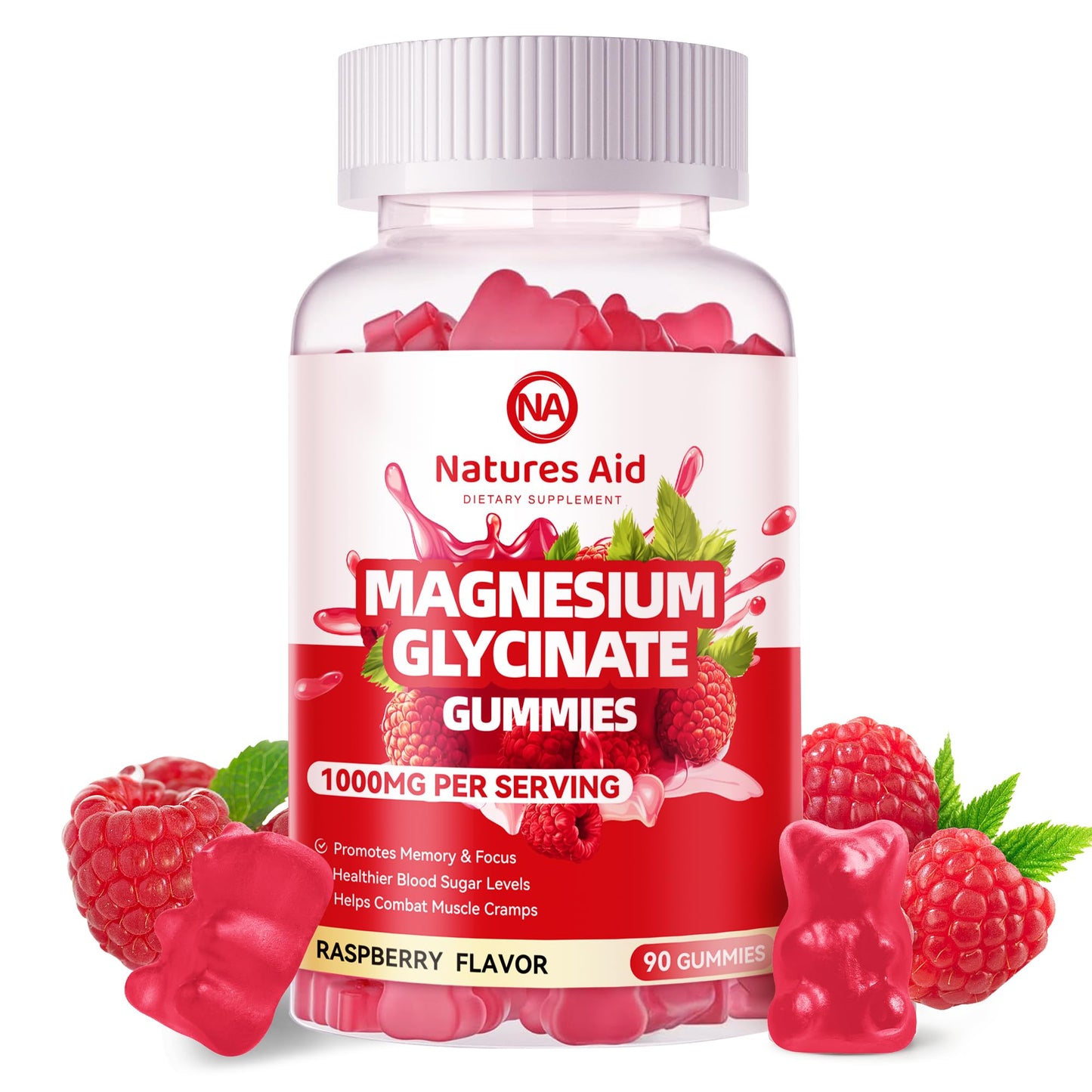 Magnesium Glycinate Gummies 1000mg – Sugar Free w/ Vitamin D, B6, CoQ10 (90 Raspberry Gummies)