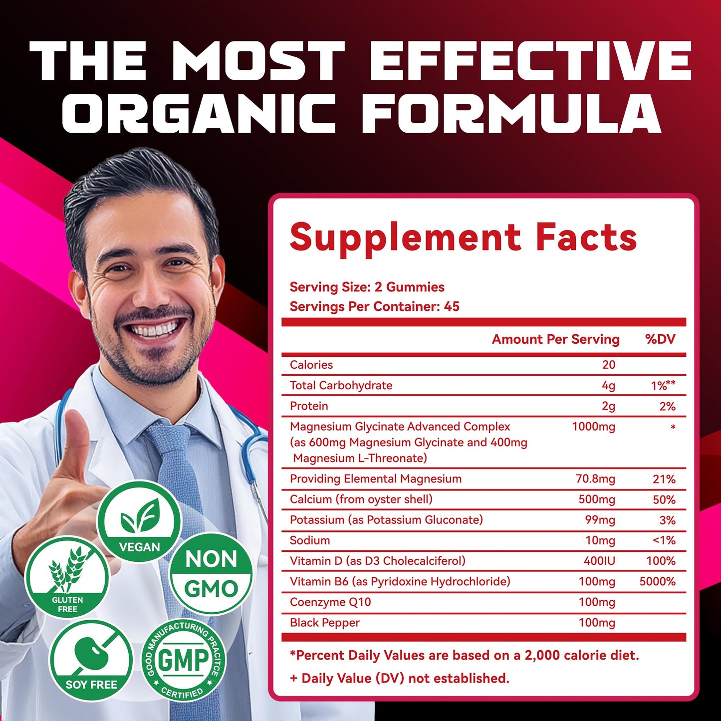 Magnesium Glycinate Gummies 1000mg – Sugar Free w/ Vitamin D, B6, CoQ10 (90 Raspberry Gummies)
