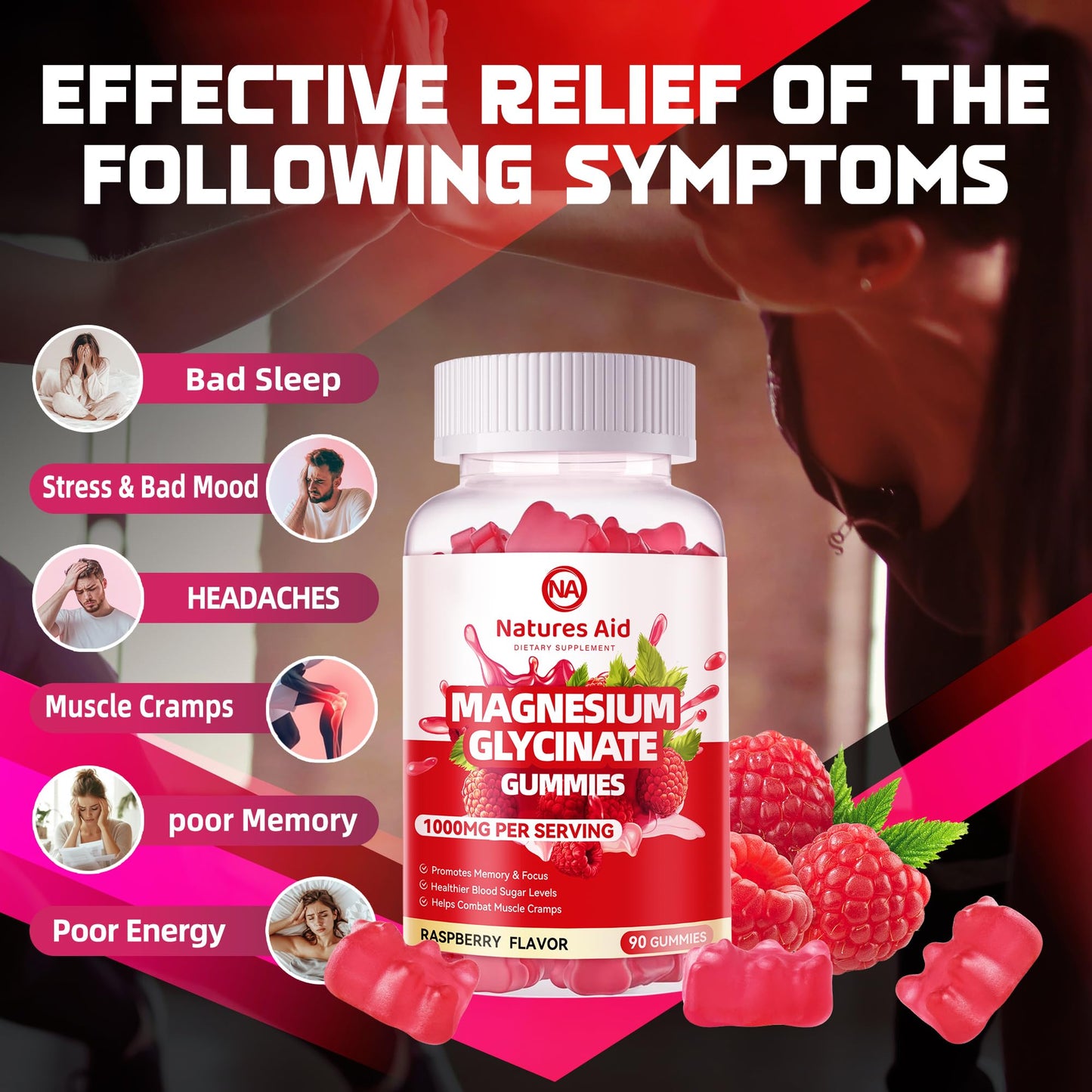 Magnesium Glycinate Gummies 1000mg – Sugar Free w/ Vitamin D, B6, CoQ10 (90 Raspberry Gummies)
