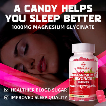Magnesium Glycinate Gummies 1000mg – Sugar Free w/ Vitamin D, B6, CoQ10 (90 Raspberry Gummies)