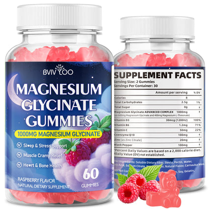Magnesium Glycinate Gummies 1000mg with L-Threonate – D3, B6 & CoQ10 | Sugar-Free Raspberry, 60 Count