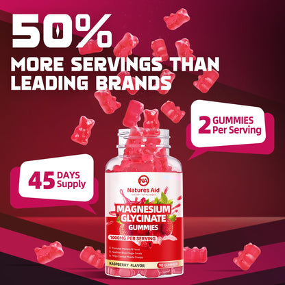 Magnesium Glycinate Gummies 1000mg – Sugar Free w/ Vitamin D, B6, CoQ10 (90 Raspberry Gummies)