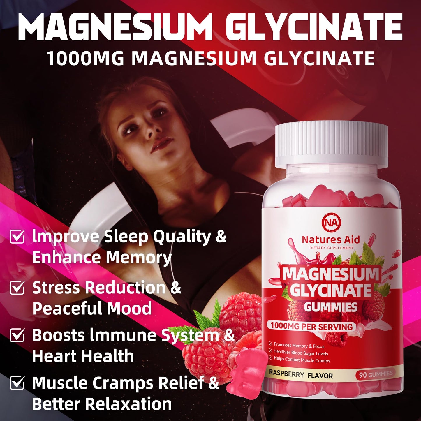 Magnesium Glycinate Gummies 1000mg – Sugar Free w/ Vitamin D, B6, CoQ10 (90 Raspberry Gummies)