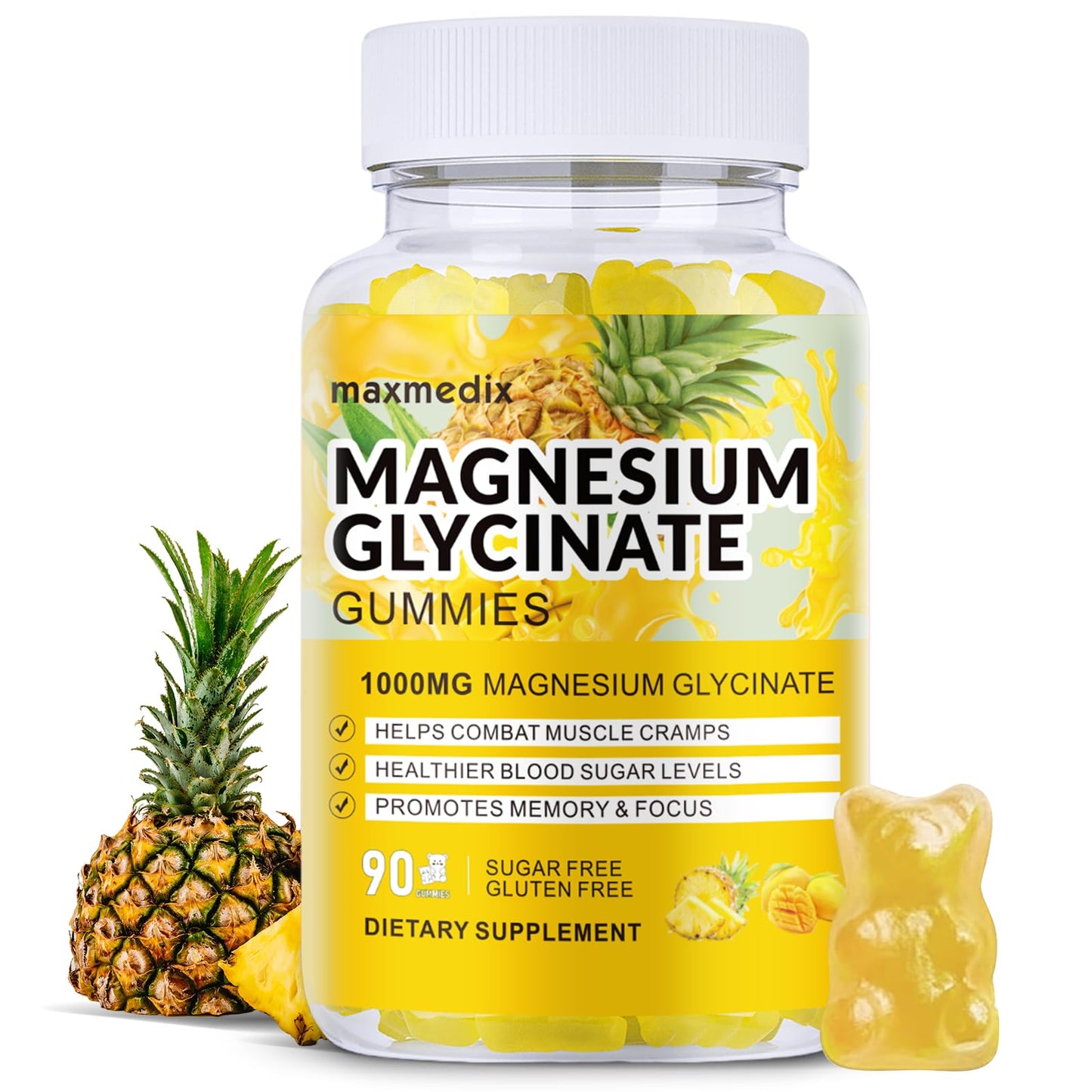 Magnesium Glycinate Gummies 1000mg – Sugar Free, Potassium Support (90 Mango Pineapple Gummies)