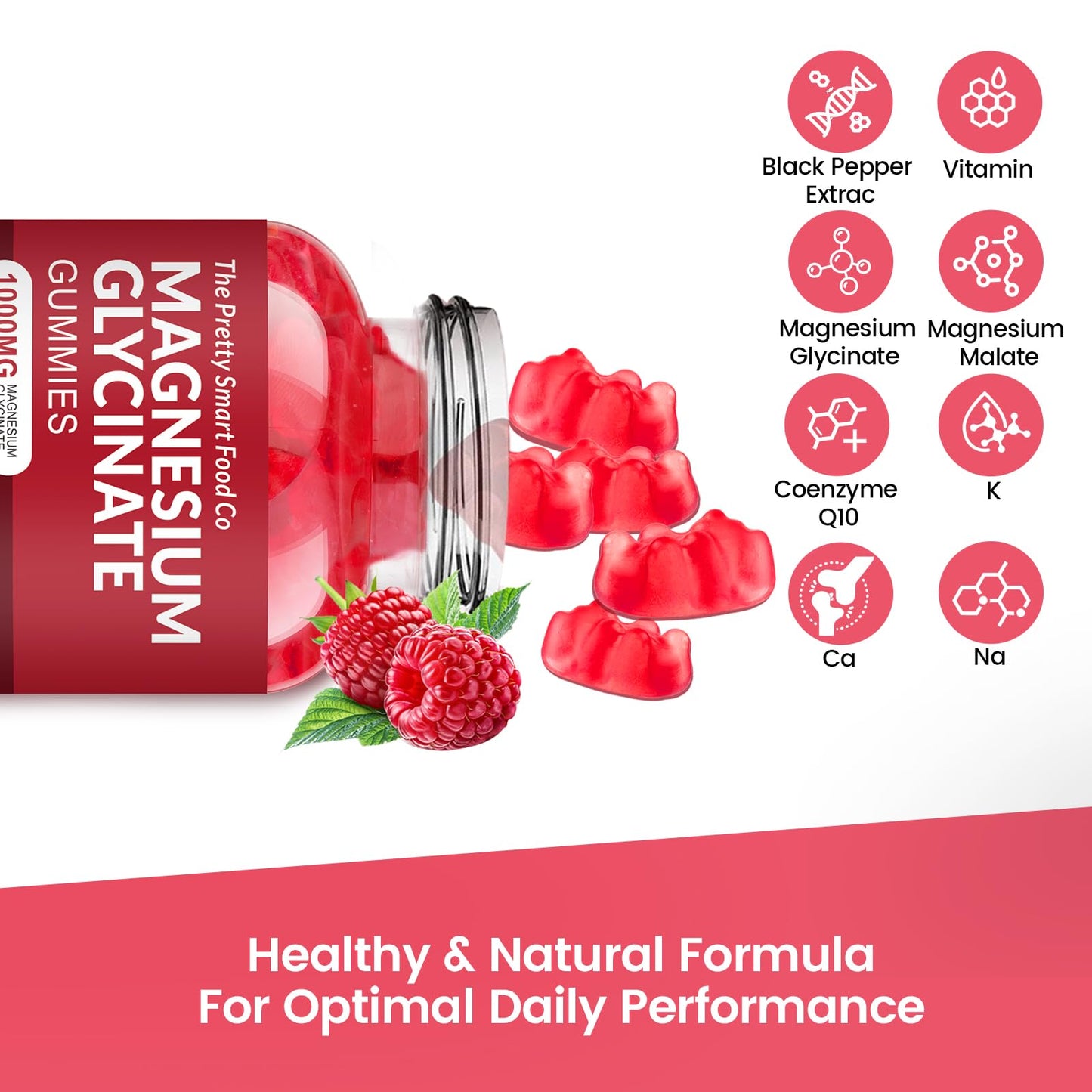 Magnesium Glycinate Gummies 1000mg – 90 Count | Calm Mood & Sleep Support (Raspberry)