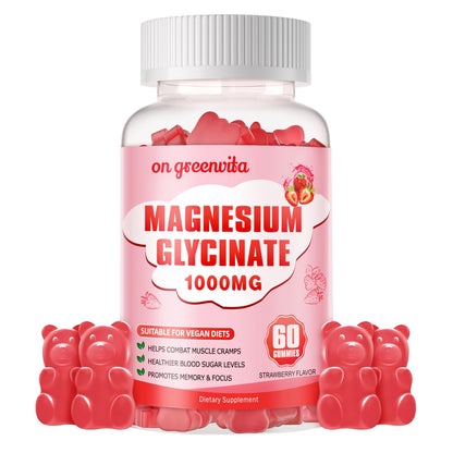 Magnesium Glycinate Gummies 1000mg - Sugar Free, 60 Strawberry Gummies