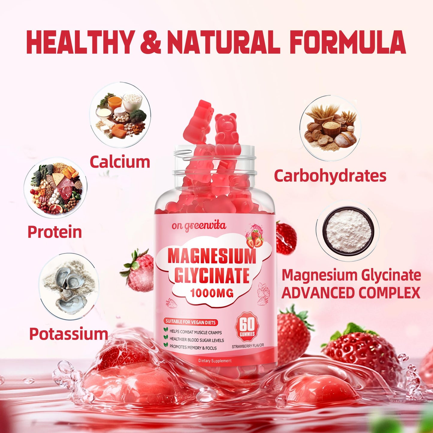 Magnesium Glycinate Gummies 1000mg - Sugar Free, 60 Strawberry Gummies