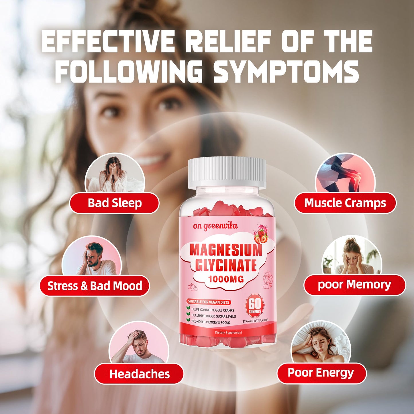 Magnesium Glycinate Gummies 1000mg - Sugar Free, 60 Strawberry Gummies