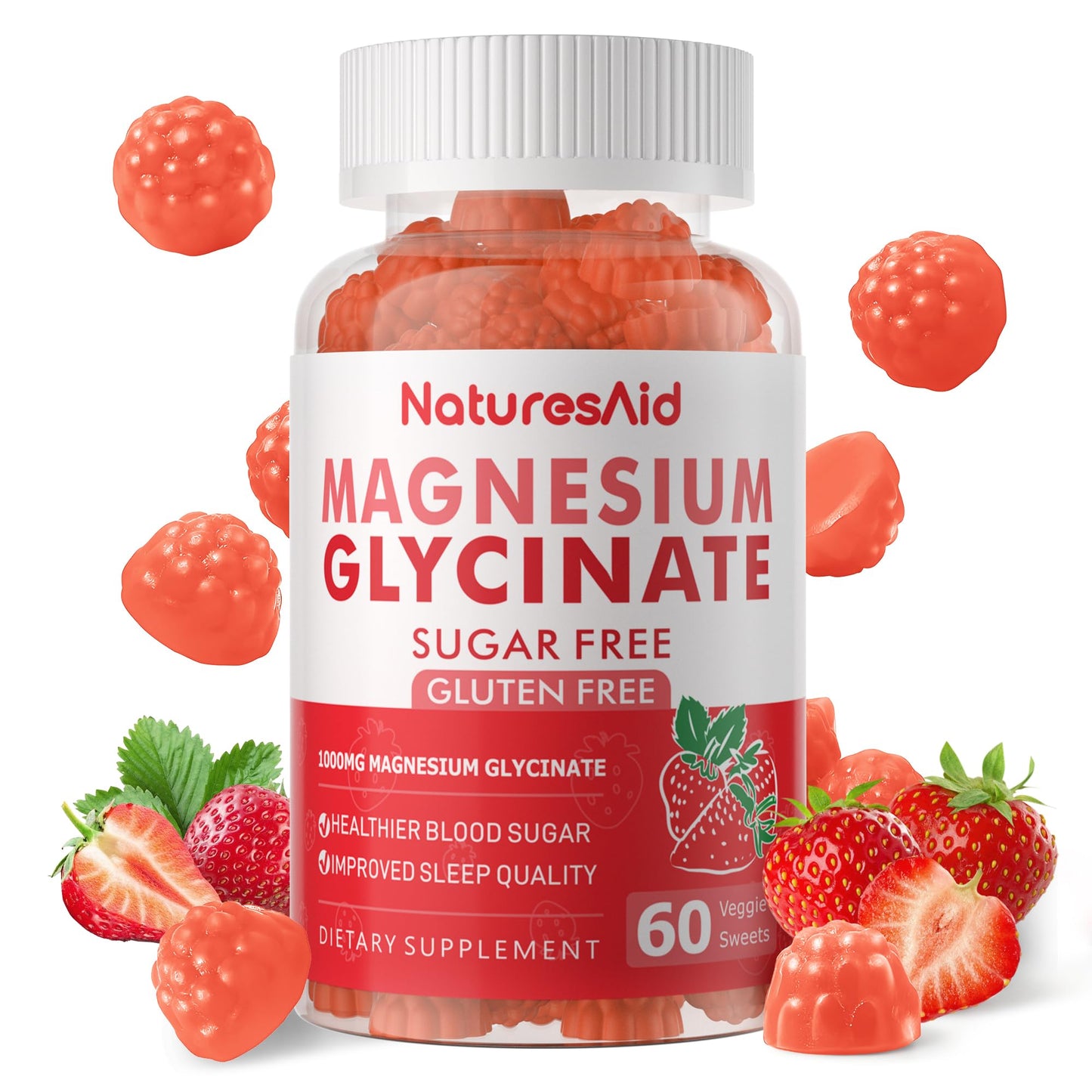 Magnesium Glycinate Gummies 1000mg – Sugar-Free Magnesium, Potassium with Vitamin D, B6, CoQ10 | 60 Strawberry Gummies