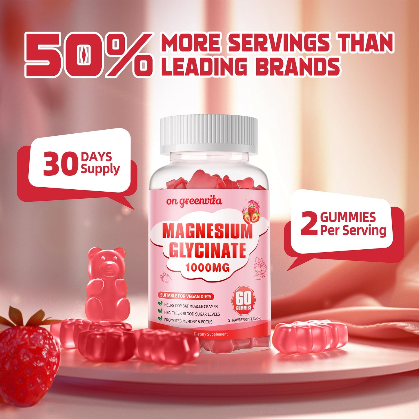 Magnesium Glycinate Gummies 1000mg - Sugar Free, 60 Strawberry Gummies