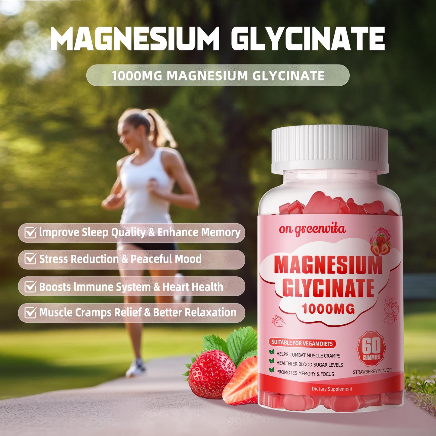 Magnesium Glycinate Gummies 1000mg - Sugar Free, 60 Strawberry Gummies