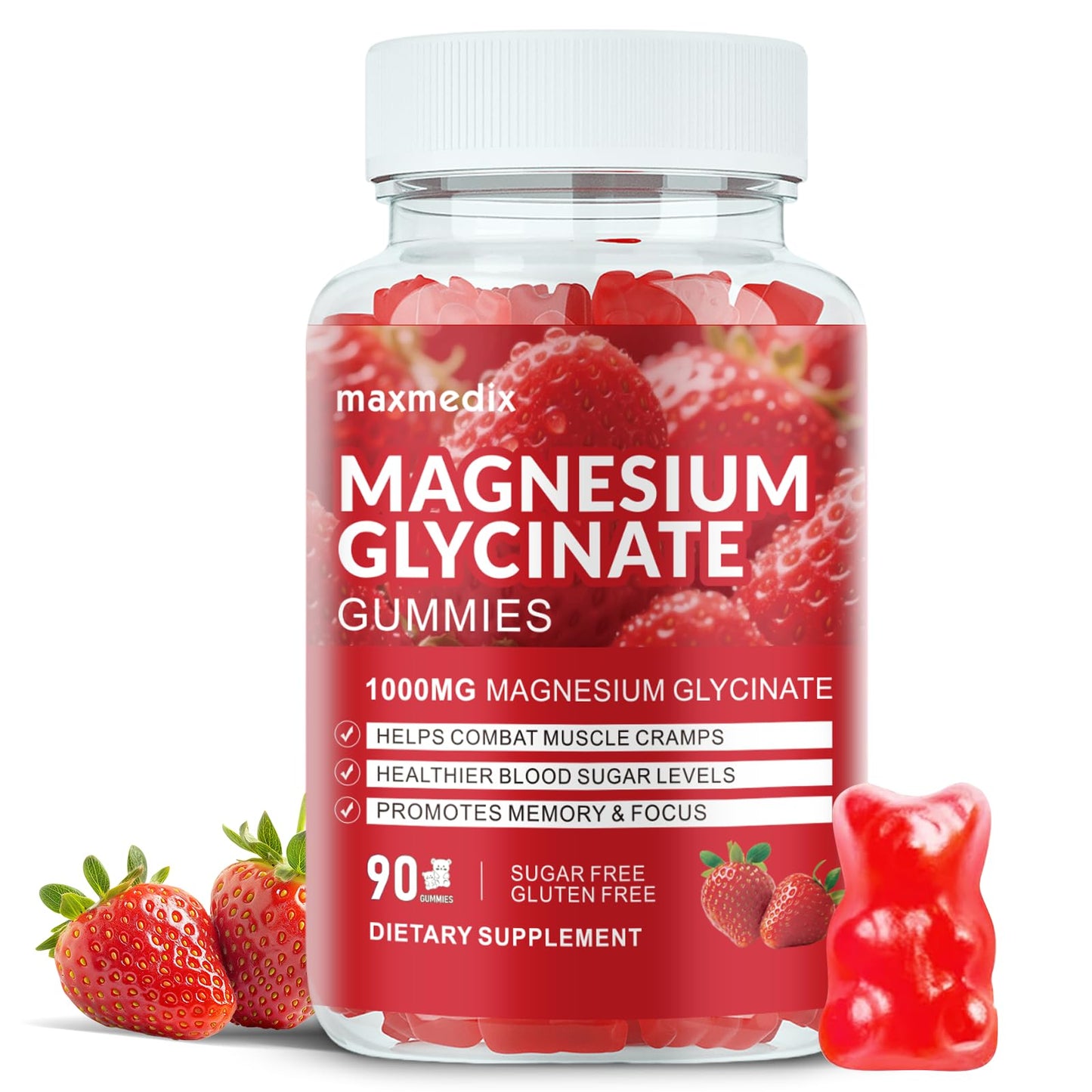 Magnesium Glycinate Gummies 1000mg – Sugar Free Sleep Support | 90 Strawberry Gummies