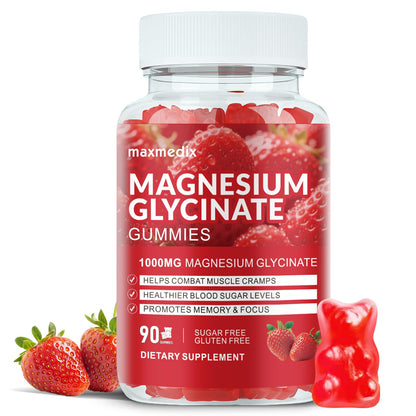 Magnesium Glycinate Gummies 1000mg – Sugar Free Sleep Support | 90 Strawberry Gummies